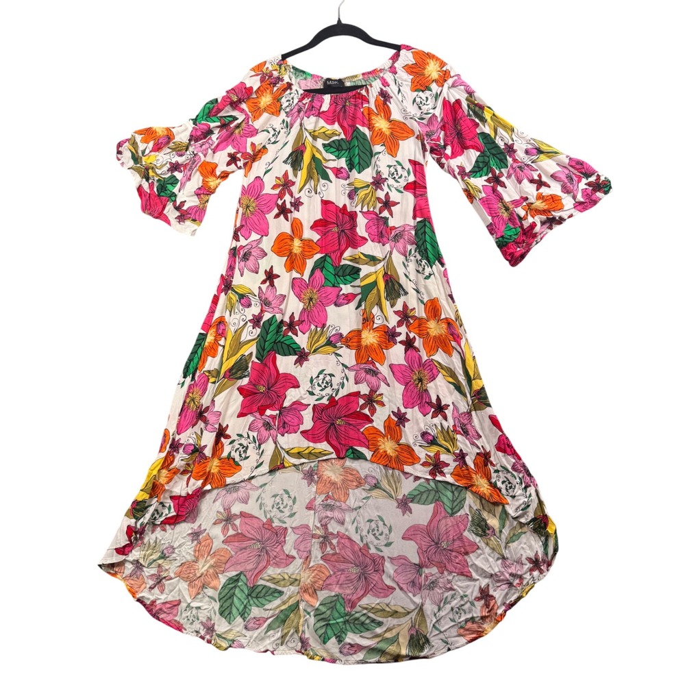 MSK Floral High Low Dress Tropical Bell Sleeve Rayon Resort Boho Garden Party